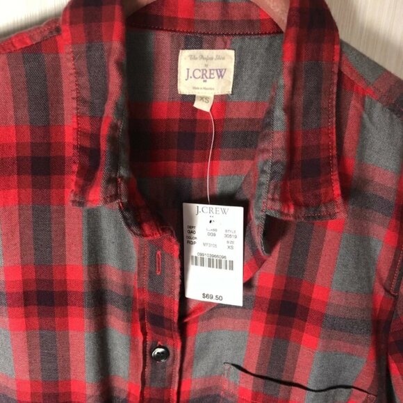 NWT J. CREW The Perfect Shirt 100% Cotton Red/Gray Plaid Womens Sz XS - Picture 3 of 5